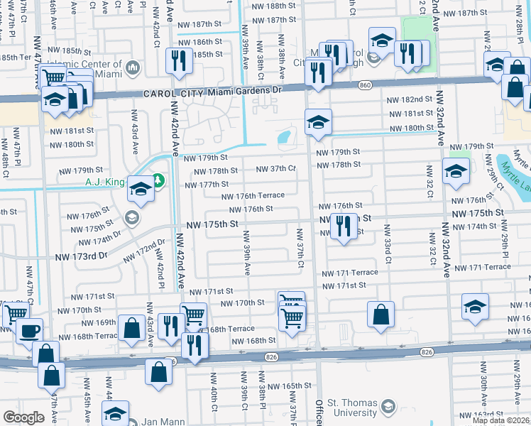 map of restaurants, bars, coffee shops, grocery stores, and more near 3820 Northwest 176th Street in Miami Gardens