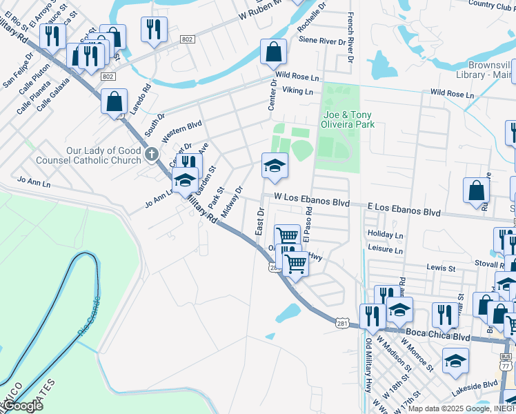 map of restaurants, bars, coffee shops, grocery stores, and more near 67 East Drive in Brownsville
