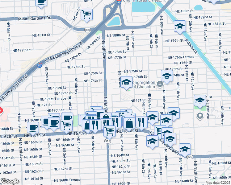 map of restaurants, bars, coffee shops, grocery stores, and more near 675 Northeast 172nd Street in Miami