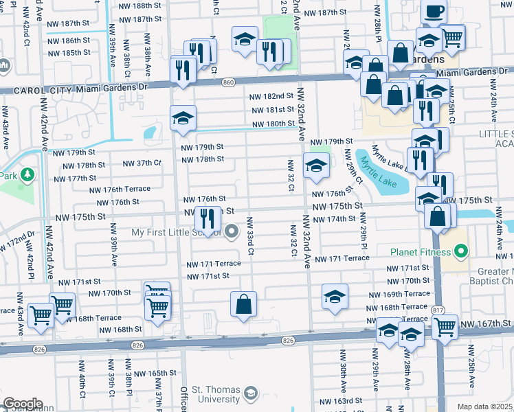 map of restaurants, bars, coffee shops, grocery stores, and more near 3341 Northwest 175th Street in Miami Gardens