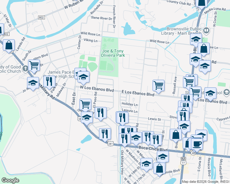 map of restaurants, bars, coffee shops, grocery stores, and more near 154 North Camino Del Rey in Brownsville