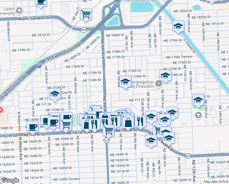 map of restaurants, bars, coffee shops, grocery stores, and more near 675 Northeast 172nd Street in Miami