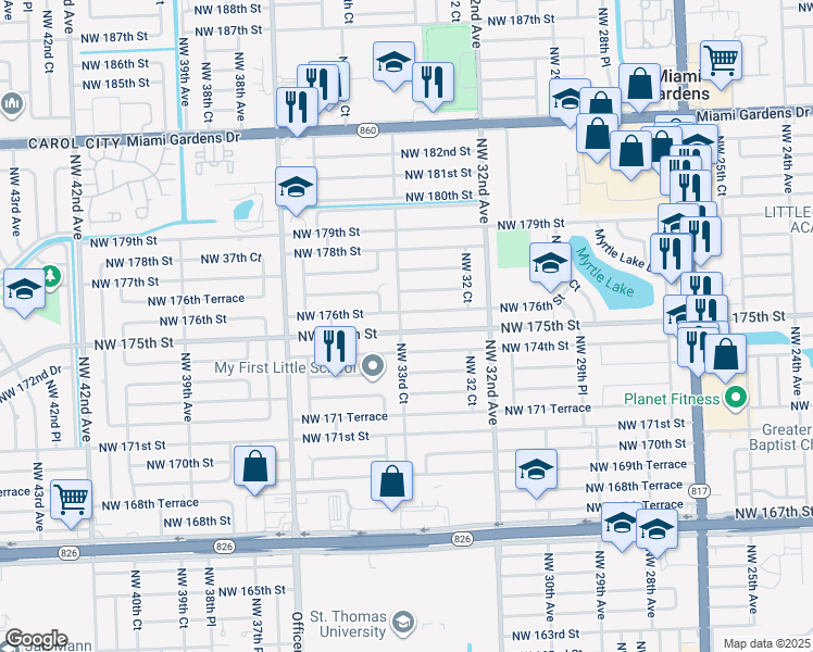 map of restaurants, bars, coffee shops, grocery stores, and more near 3341 Northwest 175th Street in Miami Gardens