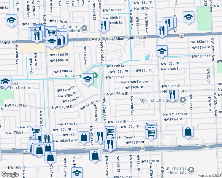 map of restaurants, bars, coffee shops, grocery stores, and more near 17521 Northwest 41st Avenue in Miami Gardens