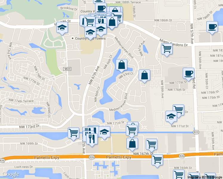 map of restaurants, bars, coffee shops, grocery stores, and more near 6340 Northwest 173rd Terrace in Hialeah
