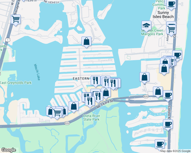 map of restaurants, bars, coffee shops, grocery stores, and more near 3720 Northeast 167th Street in North Miami Beach