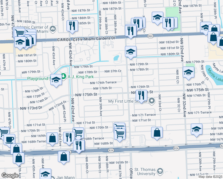 map of restaurants, bars, coffee shops, grocery stores, and more near 3820 Northwest 176th Street in Miami Gardens