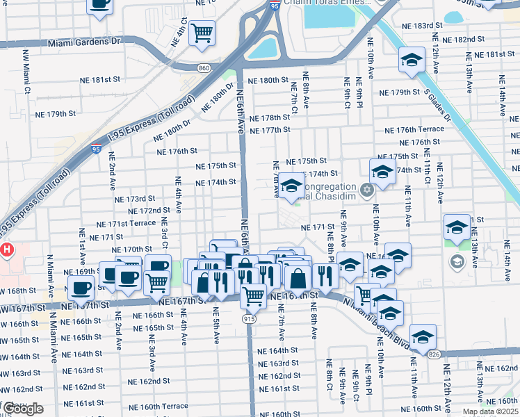 map of restaurants, bars, coffee shops, grocery stores, and more near 675 Northeast 172nd Street in Miami