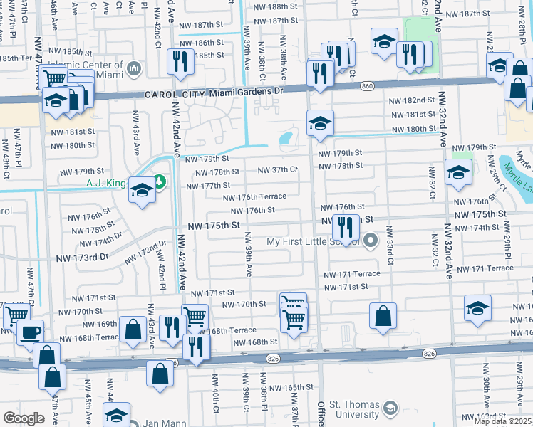 map of restaurants, bars, coffee shops, grocery stores, and more near 3820 Northwest 176th Street in Miami Gardens