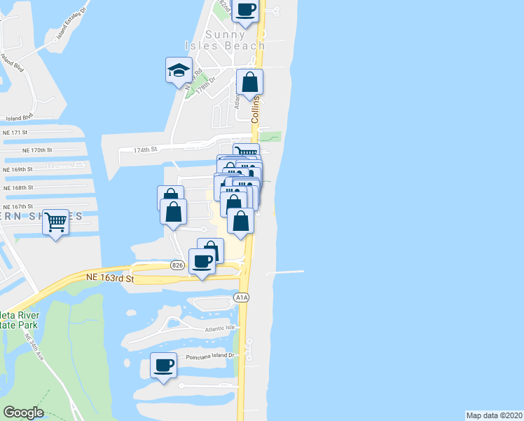 map of restaurants, bars, coffee shops, grocery stores, and more near 17001 Collins Avenue in Sunny Isles Beach