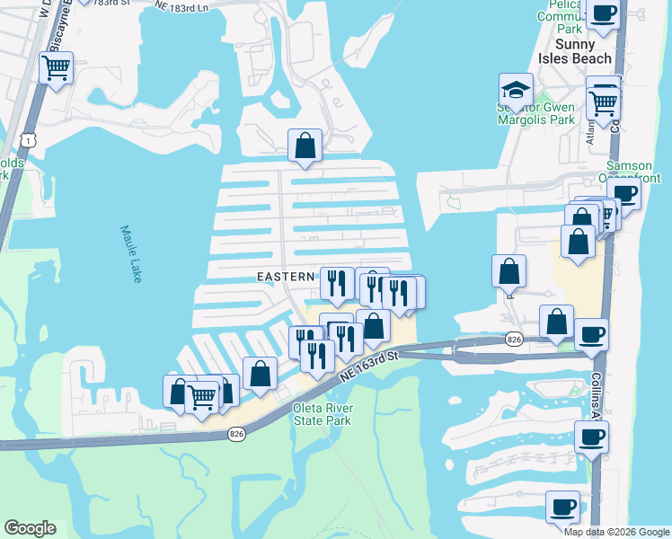 map of restaurants, bars, coffee shops, grocery stores, and more near 3720 Northeast 167th Street in North Miami Beach