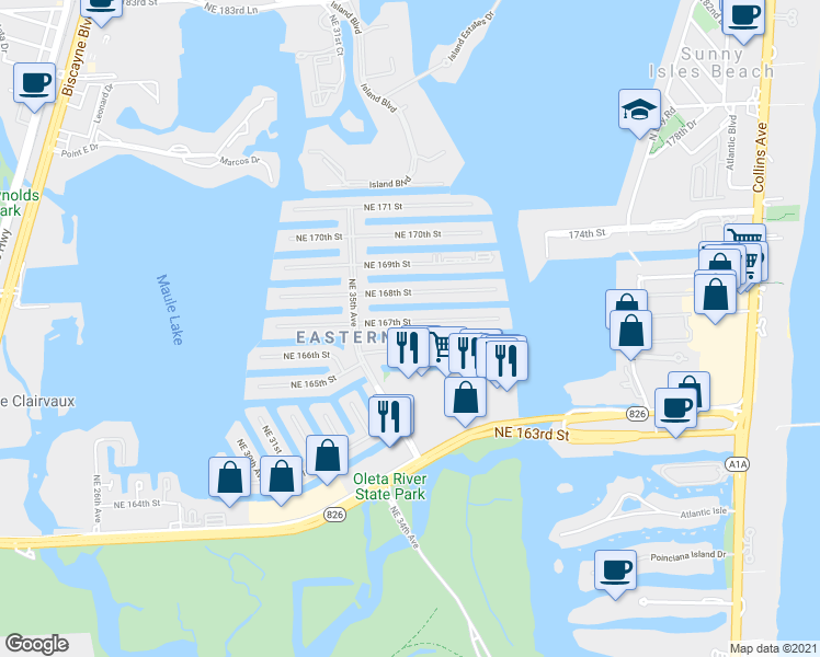 map of restaurants, bars, coffee shops, grocery stores, and more near 3720 Northeast 167th Street in North Miami Beach
