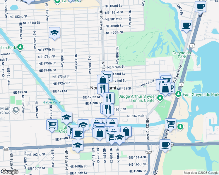 map of restaurants, bars, coffee shops, grocery stores, and more near 1935 Northeast 171 Street in North Miami Beach