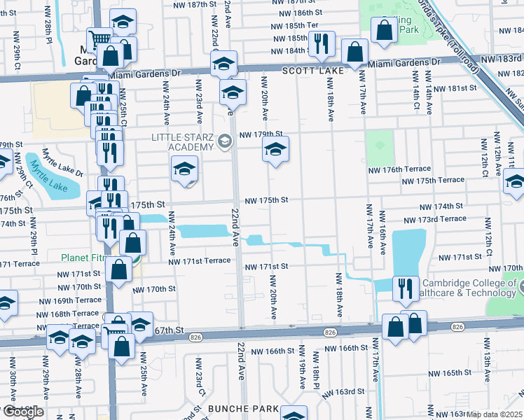map of restaurants, bars, coffee shops, grocery stores, and more near 2000 Northwest 175th Street in Miami Gardens