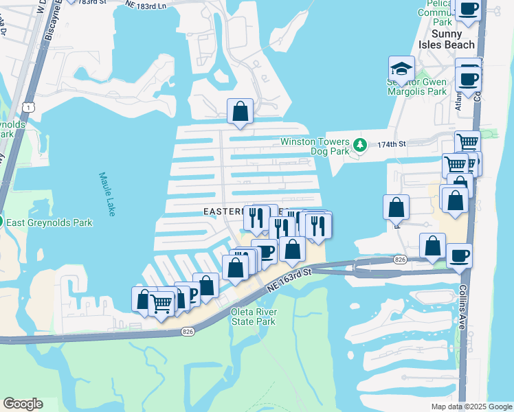 map of restaurants, bars, coffee shops, grocery stores, and more near 3720 Northeast 167th Street in North Miami Beach