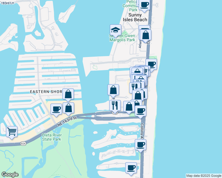 map of restaurants, bars, coffee shops, grocery stores, and more near 17050 North Bay Road in Sunny Isles Beach