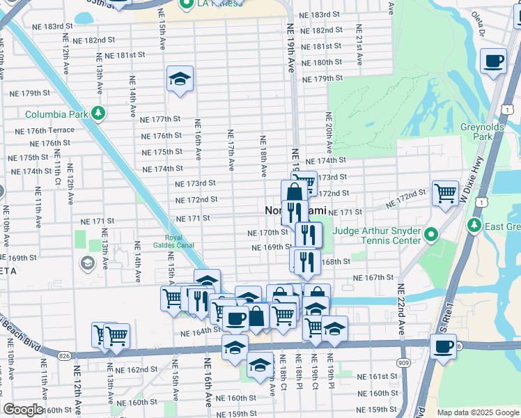 map of restaurants, bars, coffee shops, grocery stores, and more near 1799 Northeast 171 Street in North Miami Beach