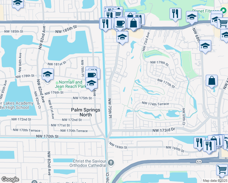 map of restaurants, bars, coffee shops, grocery stores, and more near 7550 Northwest 176th Terrace in Hialeah