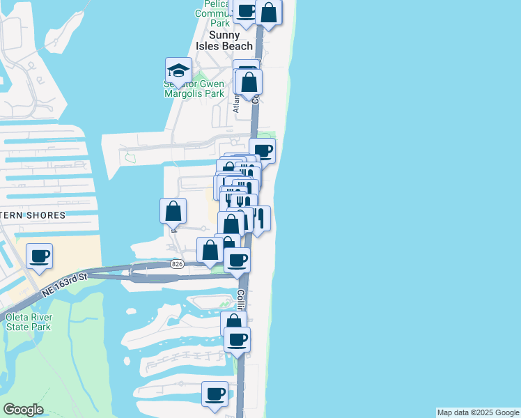 map of restaurants, bars, coffee shops, grocery stores, and more near 17001 Collins Avenue in Sunny Isles Beach