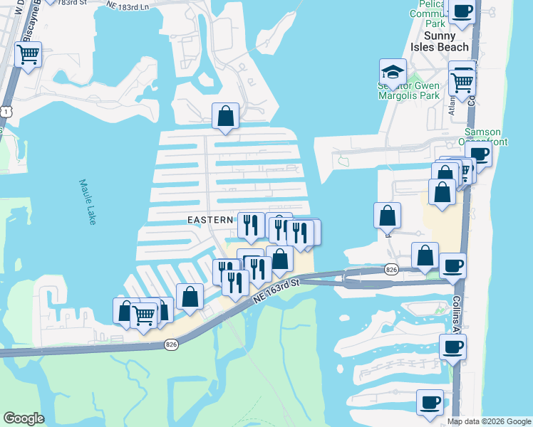 map of restaurants, bars, coffee shops, grocery stores, and more near 3720 Northeast 167th Street in North Miami Beach