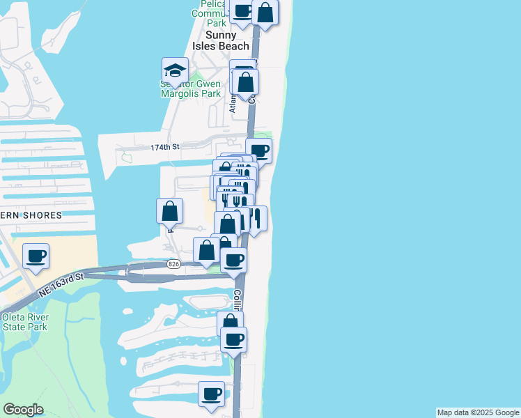 map of restaurants, bars, coffee shops, grocery stores, and more near 17001 Collins Avenue in Sunny Isles Beach