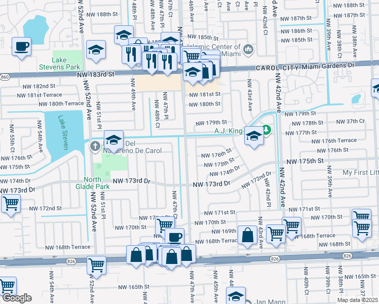 map of restaurants, bars, coffee shops, grocery stores, and more near 17611 Northwest 47th Avenue in Miami Gardens