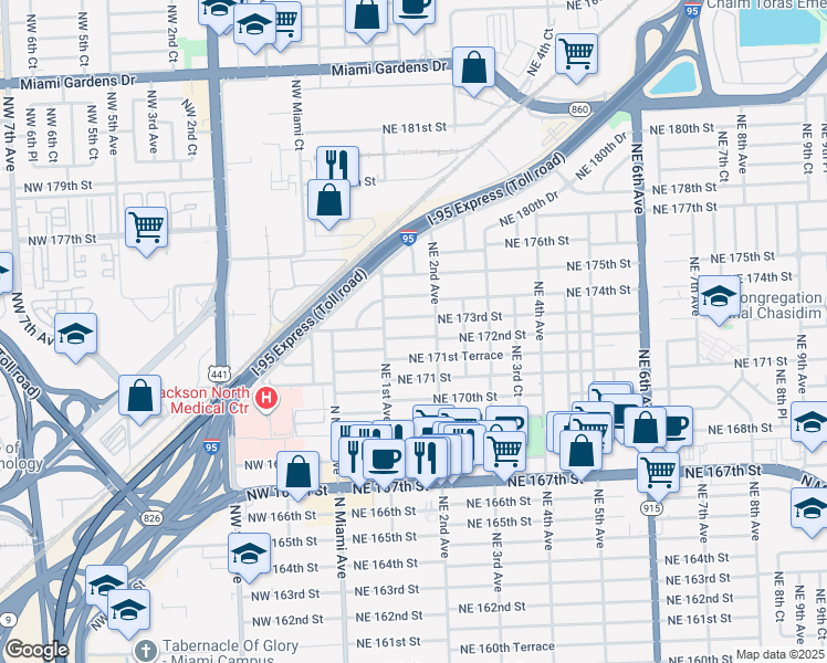 map of restaurants, bars, coffee shops, grocery stores, and more near 141 Northeast 172nd Street in North Miami Beach
