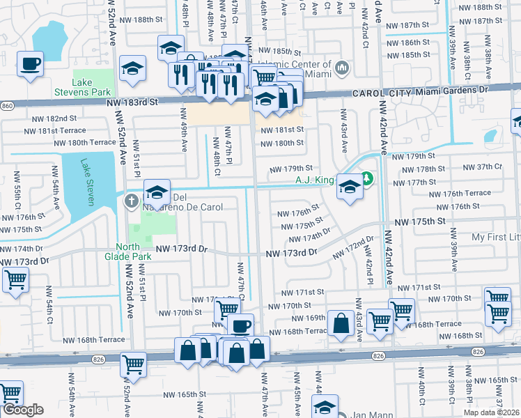 map of restaurants, bars, coffee shops, grocery stores, and more near 17611 Northwest 47th Avenue in Miami Gardens