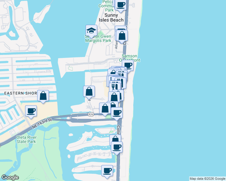 map of restaurants, bars, coffee shops, grocery stores, and more near 17026 Collins Avenue in Sunny Isles Beach