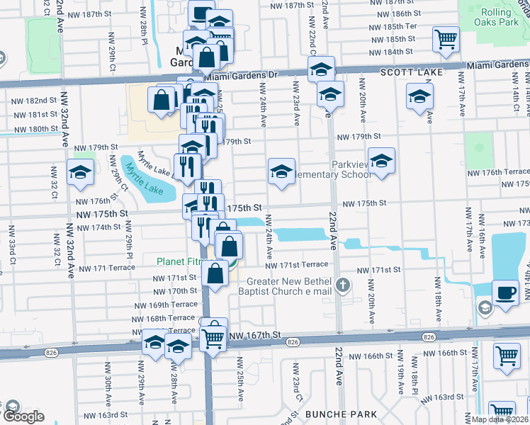 map of restaurants, bars, coffee shops, grocery stores, and more near 2400 Northwest 175th Street in Miami Gardens