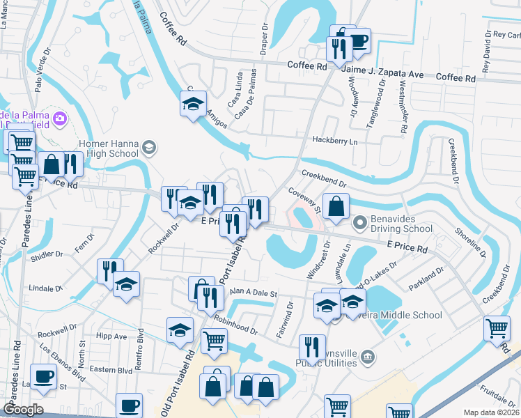 map of restaurants, bars, coffee shops, grocery stores, and more near 635 Las Palmas Circle in Brownsville