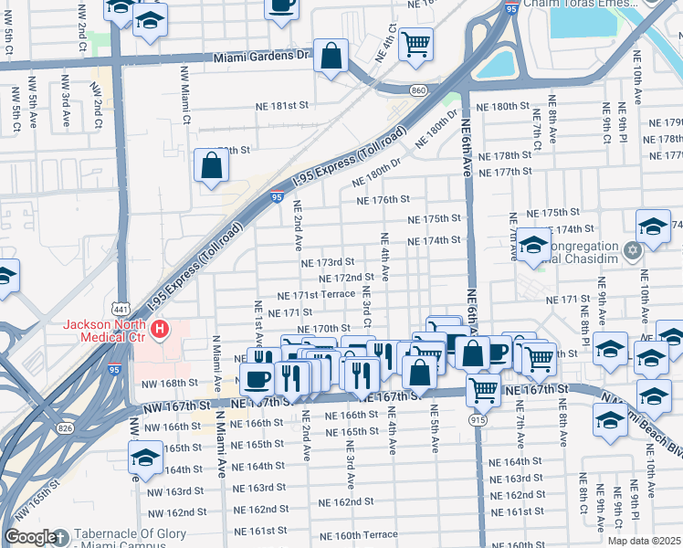 map of restaurants, bars, coffee shops, grocery stores, and more near 17200 Northeast 3rd Avenue in North Miami Beach
