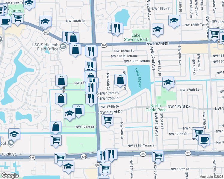 map of restaurants, bars, coffee shops, grocery stores, and more near 17620 Northwest 55th Court in Miami Gardens