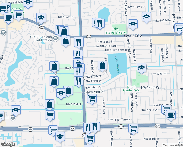 map of restaurants, bars, coffee shops, grocery stores, and more near 17620 Northwest 55th Court in Miami Gardens