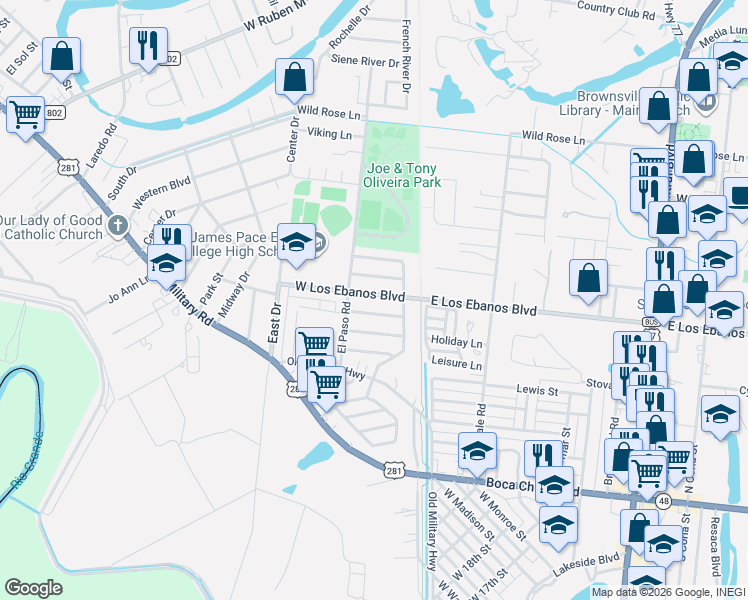 map of restaurants, bars, coffee shops, grocery stores, and more near 105 West Los Ebanos Boulevard in Brownsville