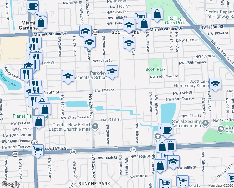 map of restaurants, bars, coffee shops, grocery stores, and more near 17470 Northwest 19th Avenue in Miami Gardens