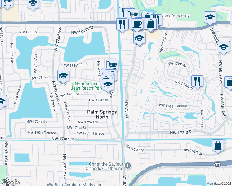 map of restaurants, bars, coffee shops, grocery stores, and more near 17601 Northwest 77th Court in Hialeah
