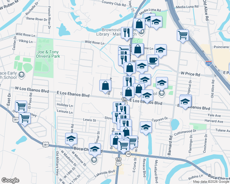 map of restaurants, bars, coffee shops, grocery stores, and more near 2244 Mirasol Avenue in Brownsville