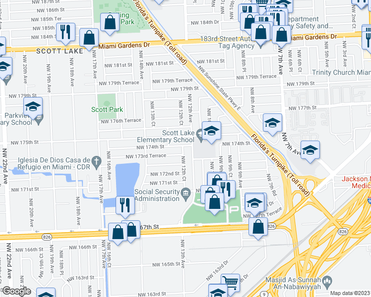 map of restaurants, bars, coffee shops, grocery stores, and more near 17345 Northwest 12th Court in Miami
