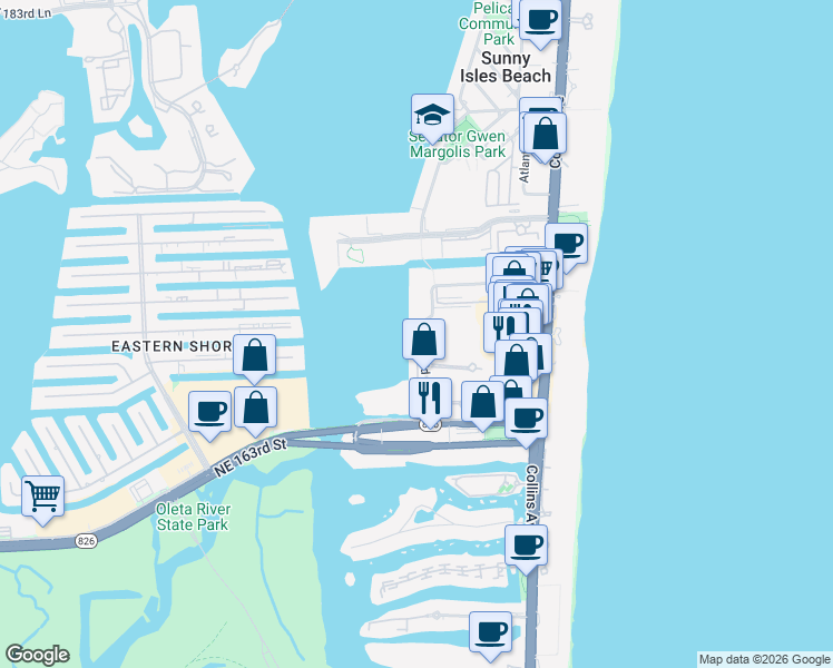 map of restaurants, bars, coffee shops, grocery stores, and more near 17050 North Bay Road in Sunny Isles Beach
