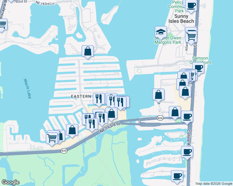 map of restaurants, bars, coffee shops, grocery stores, and more near 3860 Northeast 167th Street in North Miami Beach