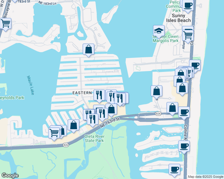 map of restaurants, bars, coffee shops, grocery stores, and more near 3860 Northeast 167th Street in North Miami Beach