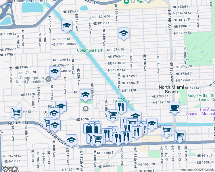 map of restaurants, bars, coffee shops, grocery stores, and more near 17190 South Glades Drive in North Miami Beach