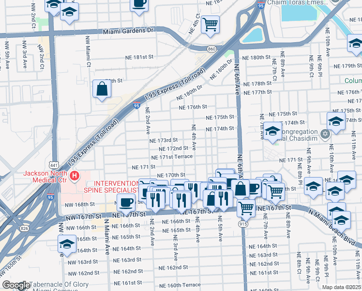 map of restaurants, bars, coffee shops, grocery stores, and more near 375 Northeast 172nd Street in North Miami Beach
