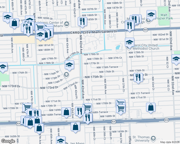 map of restaurants, bars, coffee shops, grocery stores, and more near 17521 Northwest 41st Avenue in Miami Gardens