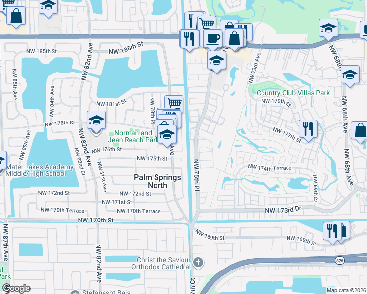 map of restaurants, bars, coffee shops, grocery stores, and more near 17601 Northwest 77th Court in Hialeah