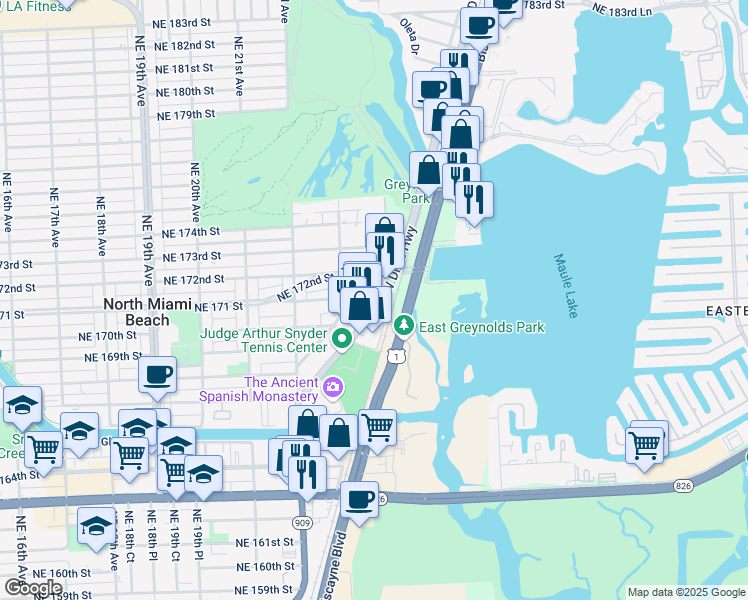map of restaurants, bars, coffee shops, grocery stores, and more near 17092 West Dixie Highway in North Miami Beach