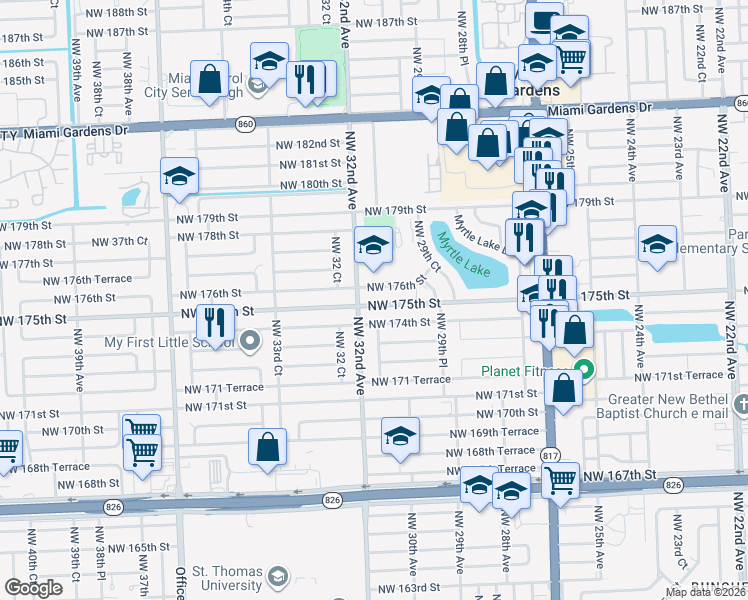 map of restaurants, bars, coffee shops, grocery stores, and more near in Miami Gardens