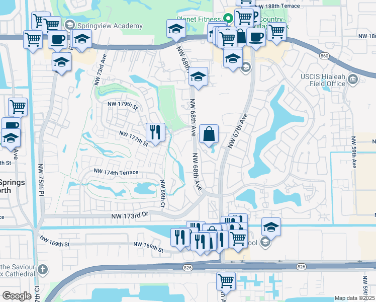 map of restaurants, bars, coffee shops, grocery stores, and more near 17600 Northwest 68th Avenue in Hialeah