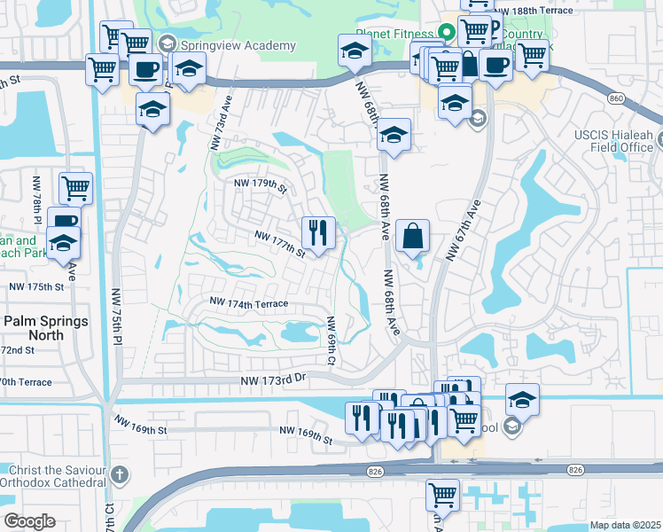 map of restaurants, bars, coffee shops, grocery stores, and more near 6912 Northwest 179th Street in Hialeah